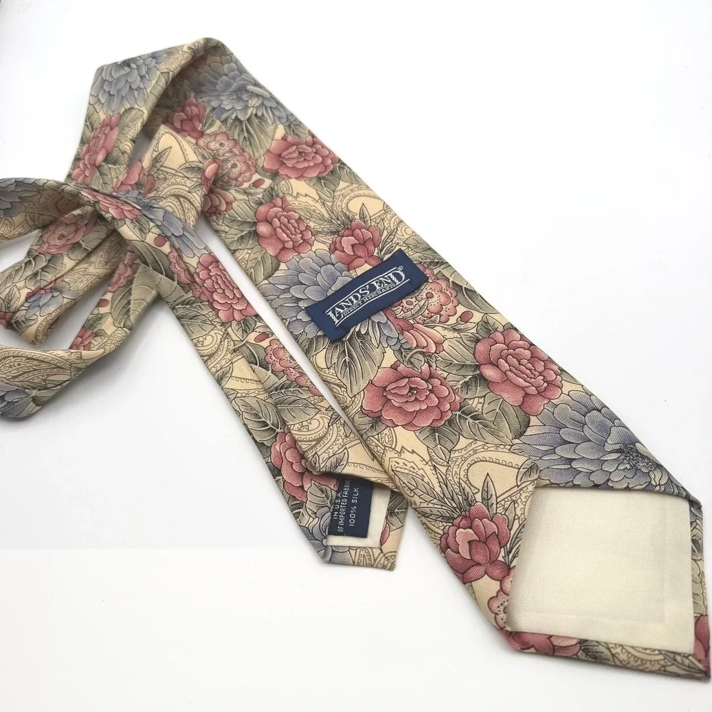 Vintage Lands' End Necktie Men's Cream Floral Silk Hand Sewn 58L